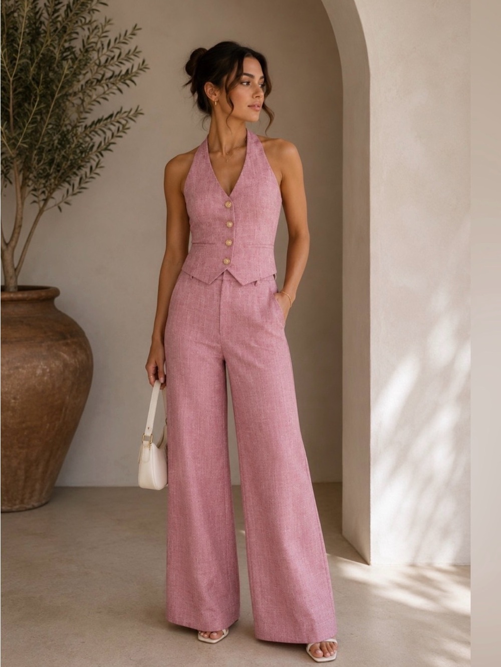 Commense Blush-Pink Wide-Leg Trousers with Coordinating Halter Vest